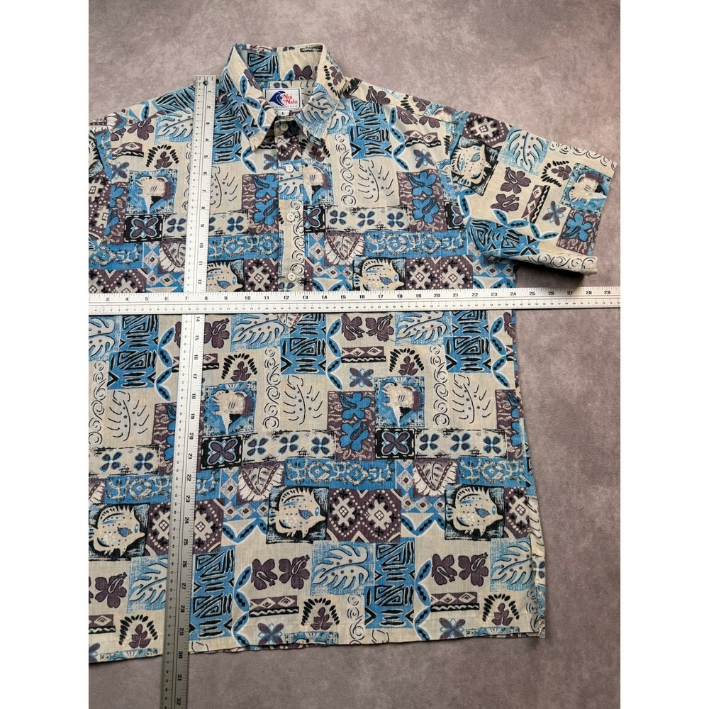 Nui Nalu Mens Blue Tribal Fish Block Print Hawaiian Popover Shirt Large Hawaii - Picture 5 of 10